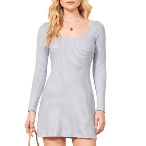 Reformation Rosario Ribbed Knit Mini Dress XL Sky Blue Long Sleeve Stretch - Picture 3 of 11